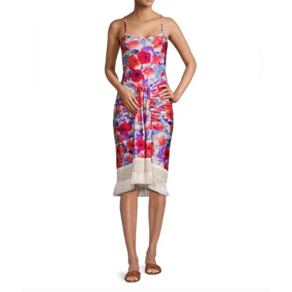 PATBO Red Violet Stretch Jersey Midi Fringe Dress Women's Small